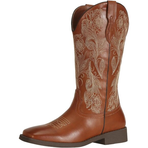 J's.o.l.e Women Brown Cowboy Boots Square Toe Western Cowgirl Fashion Botte Cow - Picture 1 of 8